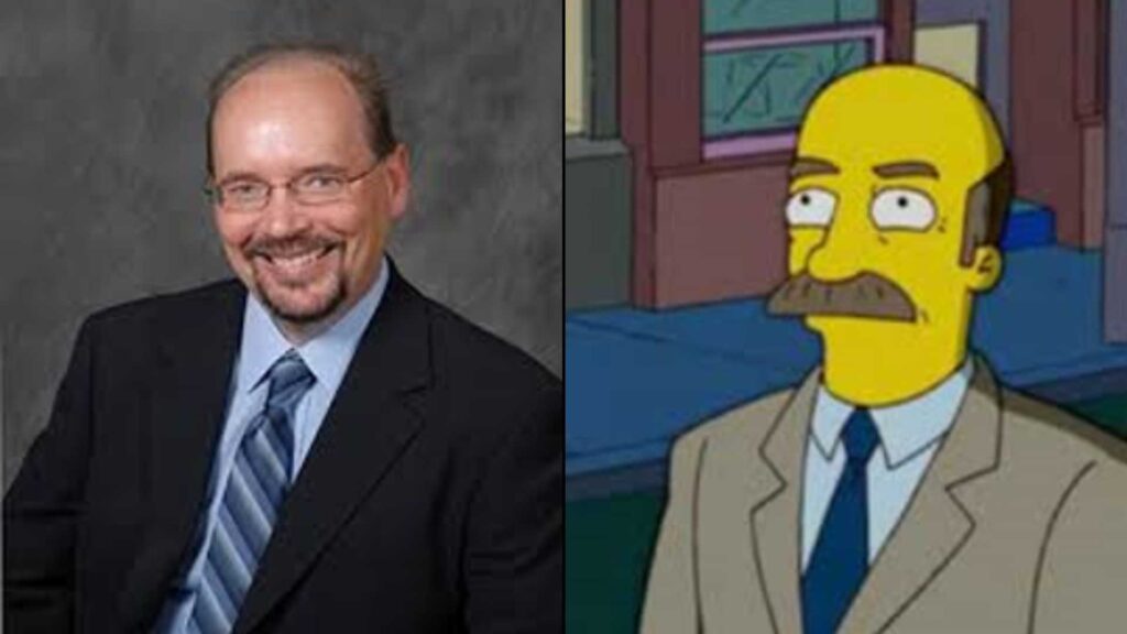 A smiling white man in glasses, Dr. Phil Simpson, with facial hair and wearing a suit next to an animated version of Dr. Phil on the show "The Simpsons."