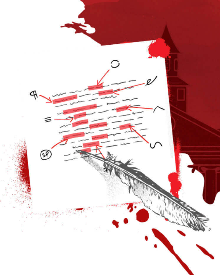An animated graphic of a feather proofreading a text in which none of the words are discernible, with the outline of a building behind the paper.