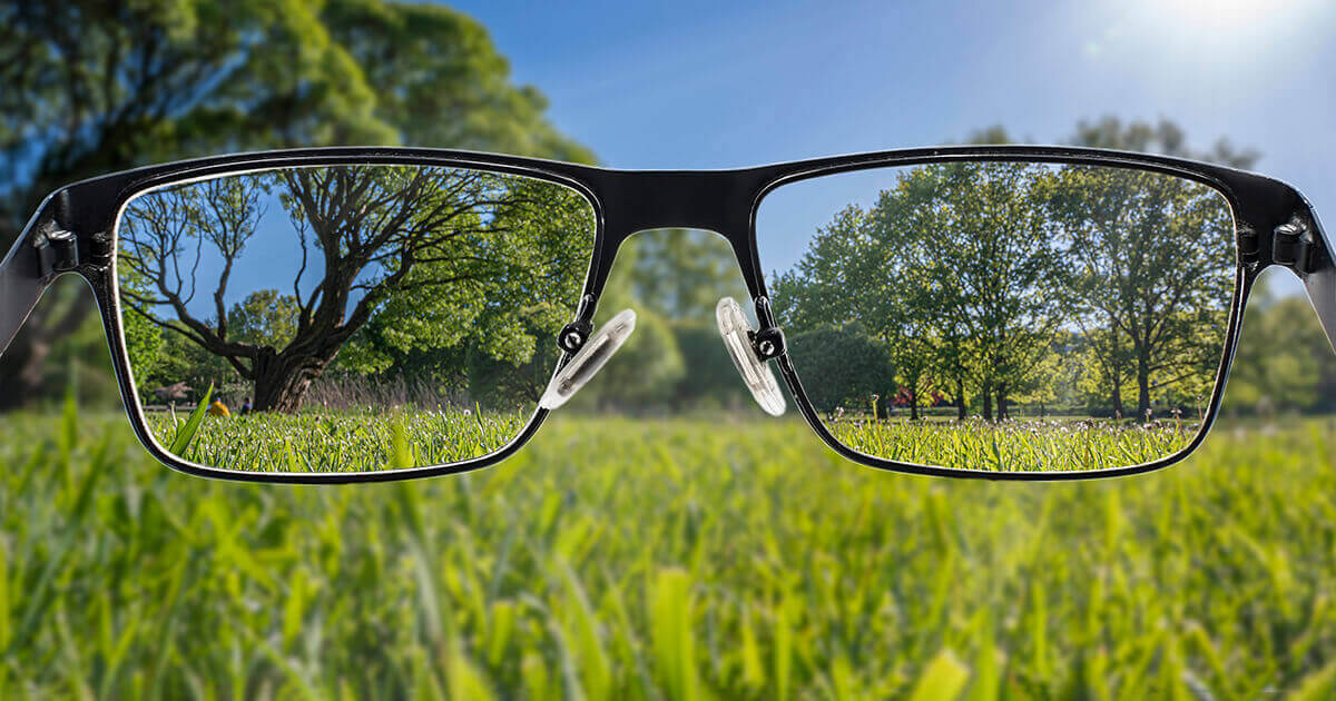 Colorful view of landscape in glasses. Focused image of landscape. It symbolizes 2020 Vision Goals.