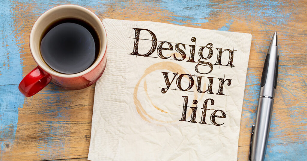 Design your life advice or suggestion on a napkin with a cup of coffee, representing career exploration tips.