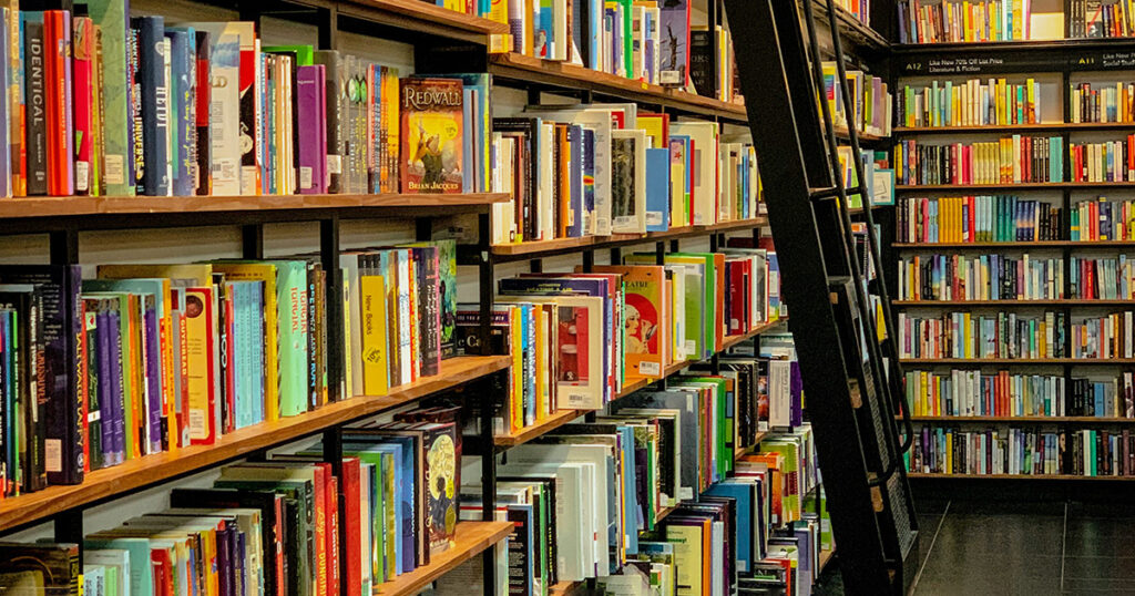 Library shelves with many different books. A ladder leads up to higher shelves, symbolizing EFSC book vouchers.