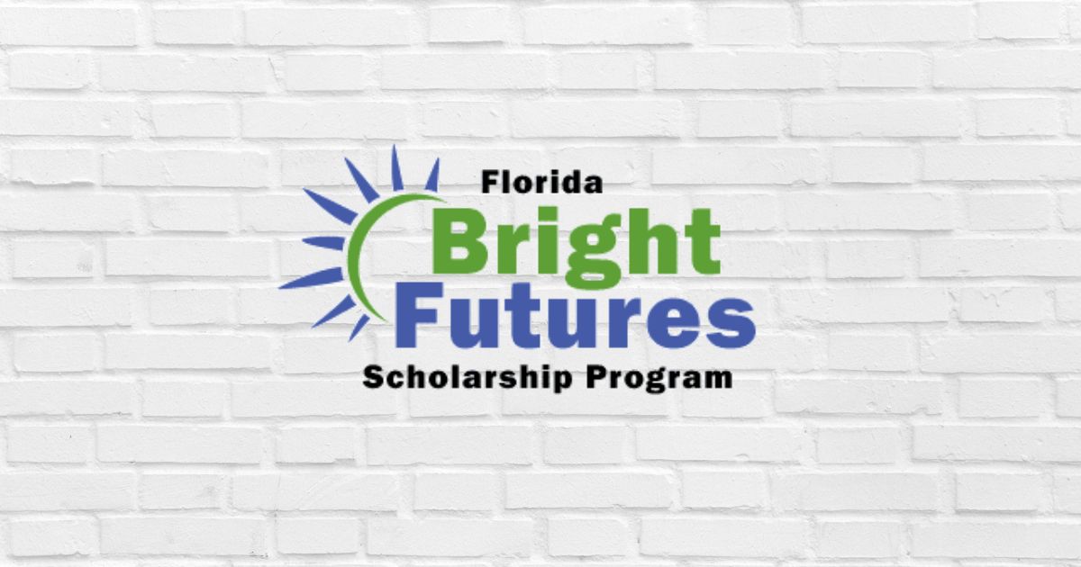 Florida Bright Futures Scholarship program logo with white brick wall in background.