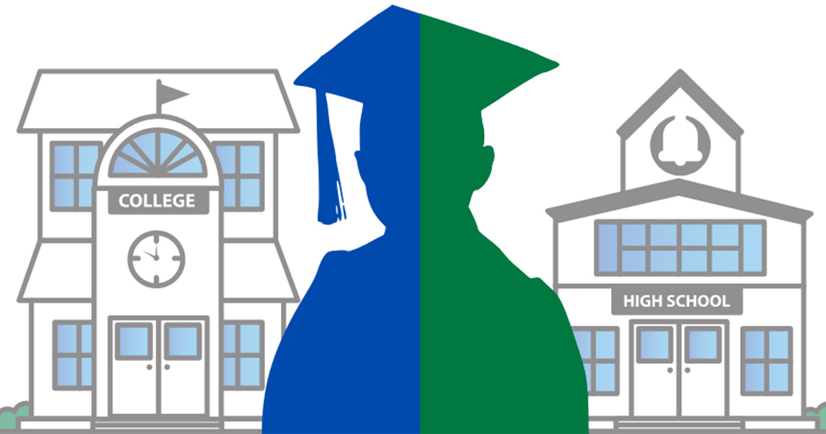 Silhouette of a graduate with a college building on the left side and a high school building on the right side. The image evokes thoughts of high school college credit options.