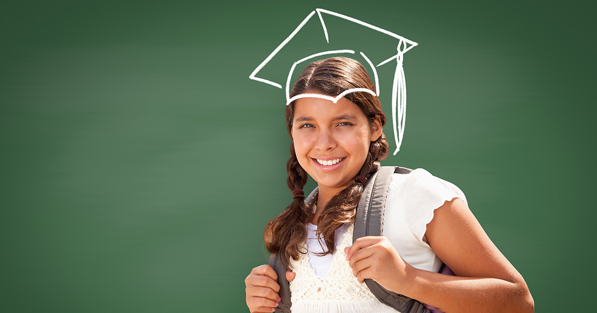 Young Hispanic Student Girl Wearing Backpack Front Of Blackboard with Graduation Cap Drawn In Chalk Over Head. She's practicing middle school college prep.