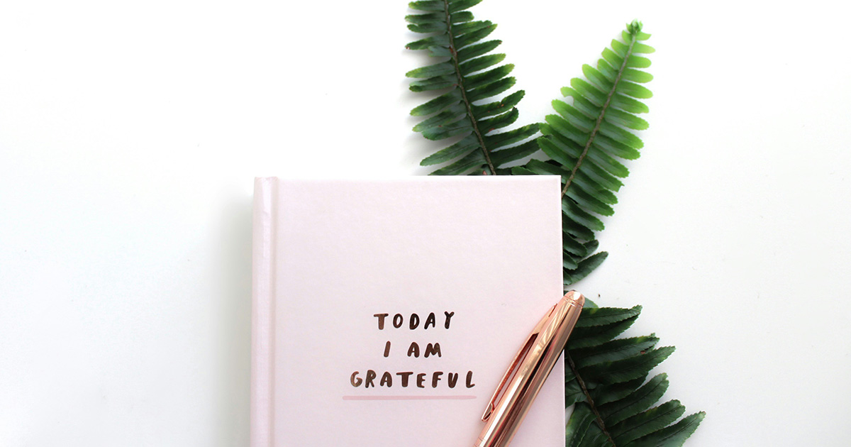 A pink diary with "Today I Am Grateful" written on it. A pink pen on top of the diary, a green fern behind it, and a white background. The image conveys the power of gratitude.