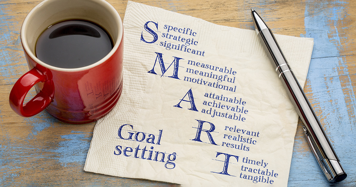 Smart goal setting concept - handwriting on a napkin with a cup of espresso coffee.