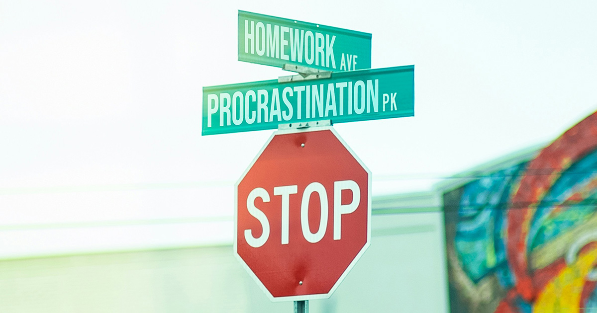 Street signs that say "Homework Ave" and "Procastination Pk". A stop sign symbolizing the need to stop procrastination.