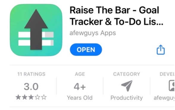 An app called "Raise the Bar - Goal Tracker and To-Do List" displayed in Apple's app store.