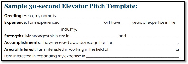 A sample 30-second elevator pitch template that includes fields for a greeting, experience, strengths, accomplishments, and area of interest.