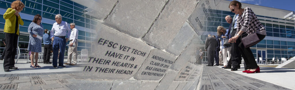 Collage: People looking at and photographing EFSC's legacy pavers outside the Melbourne Campus Student Union and a close-up on two pavers: one that reads "EFSC vet techs have it in their hearts and in their heads" and one that reads "Andrew Hutker class of 2018 BAS graduate entrepreneur."