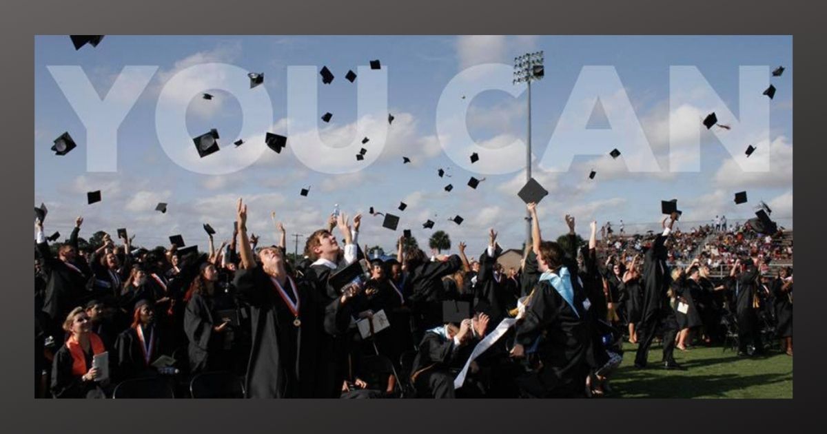 Graduates (not going to college, but finished with it) in black gowns throwing their caps in the air near text that reads "You Can."