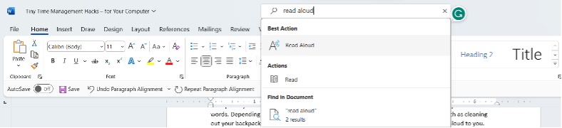A screenshot of the Microsoft Word interface, displaying a search for the term "read aloud" in the search bar.