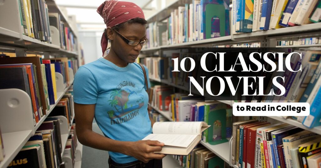 A young woman wearing a red bandana and a light blue shirt standing in the middle of a library isle and reading out of an open book in her hands.