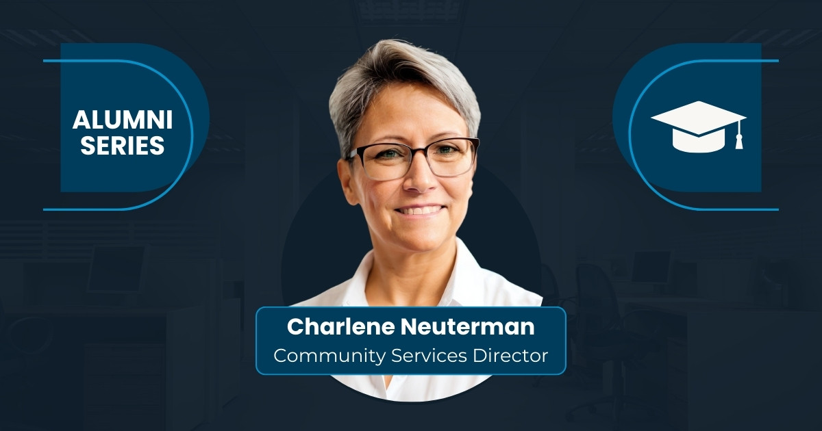 A headshot of Charlene Neuterman, a woman with short blonde hair and glasses wearing a white dress shirt; she is framed in the middle of a blue banner with the words "Alumni series" on one side and a graduation cap on the other; her plaque reads "Community Services Director"