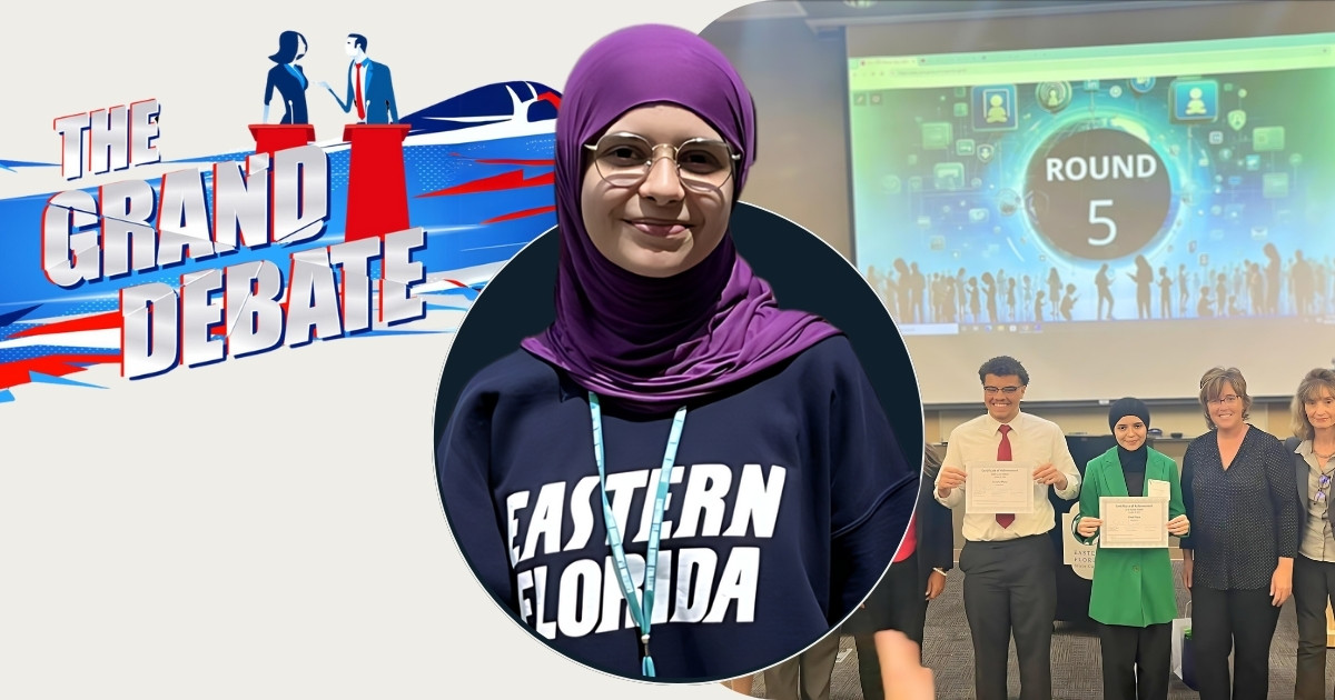 A young woman in a purple hijab is framed in the center of a banner. On one side is the Grand Debate logo. On the other is an image of Natali and other participants holding an awards certificate.