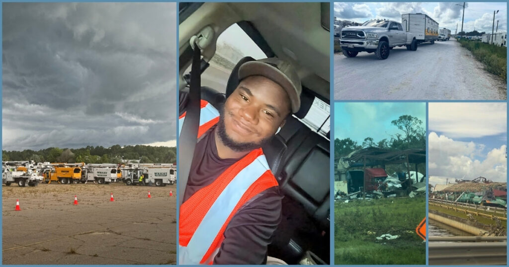 An image of Elijah Mosby, a student and disaster relief worker, wearing a red and white striped shirt. Images of large semi trucks, his trailer, and damaged buildings are situated on either side.