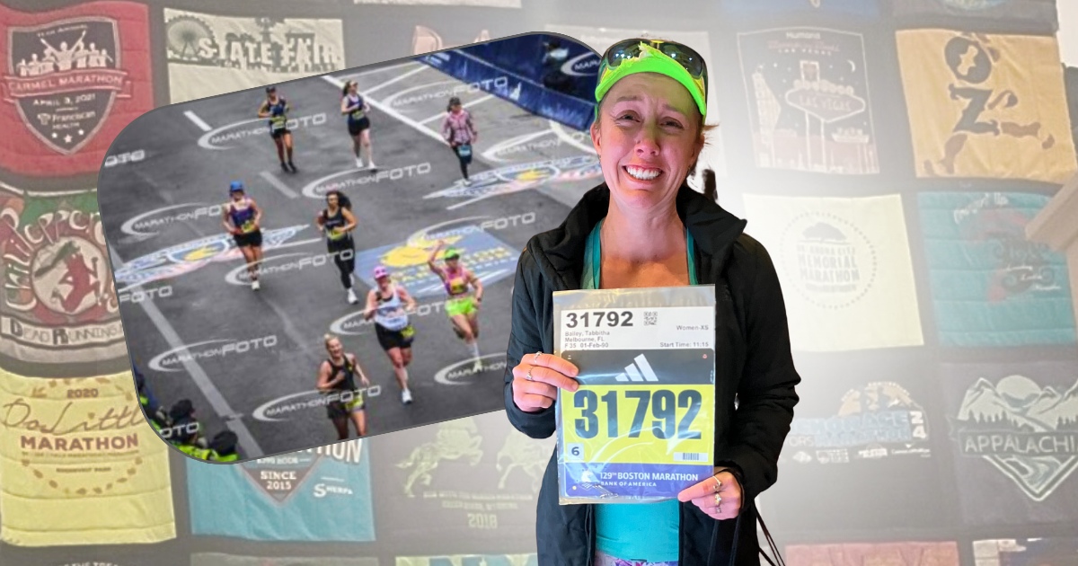 Tabbitha Bailey, a woman wearing a green ballcap and holding a Boston Marathon registration sign
