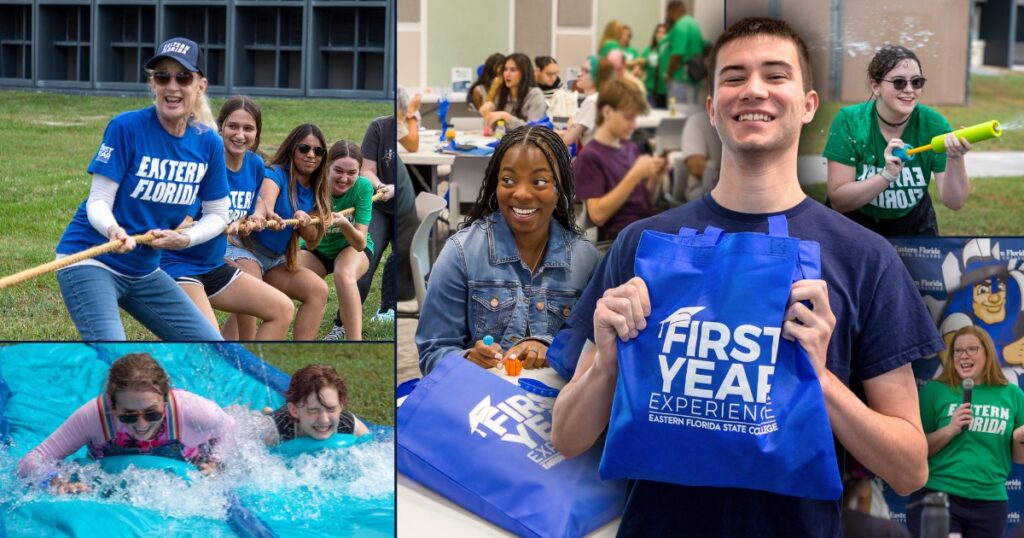 A collage showing students holding First Year experience bags and wearing EFSC t-shirts, engaging in different activities like waterslides, tug-of-war, squirt gun fights, and workshops