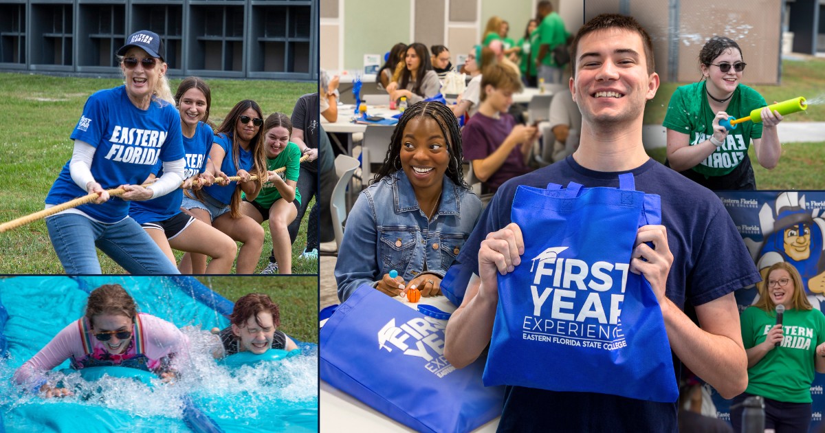 A collage showing students holding First Year experience bags and wearing EFSC t-shirts, engaging in different activities like waterslides, tug-of-war, squirt gun fights, and workshops