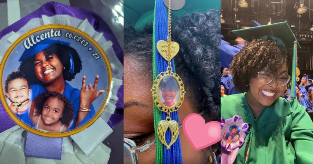 Three-photo collage showing graduation tributes and memorabilia. The first image shows a purple ribbon with a photo button featuring a graduate in a blue cap and gown posing with two children, labeled “Alcenta 06-03-03 + 23.” The center image is a close-up of a graduation tassel decorated with a small portrait charm and angel wings. The third image shows Alayna in a green cap and gown wearing the memorial ribbon during a commencement ceremony.